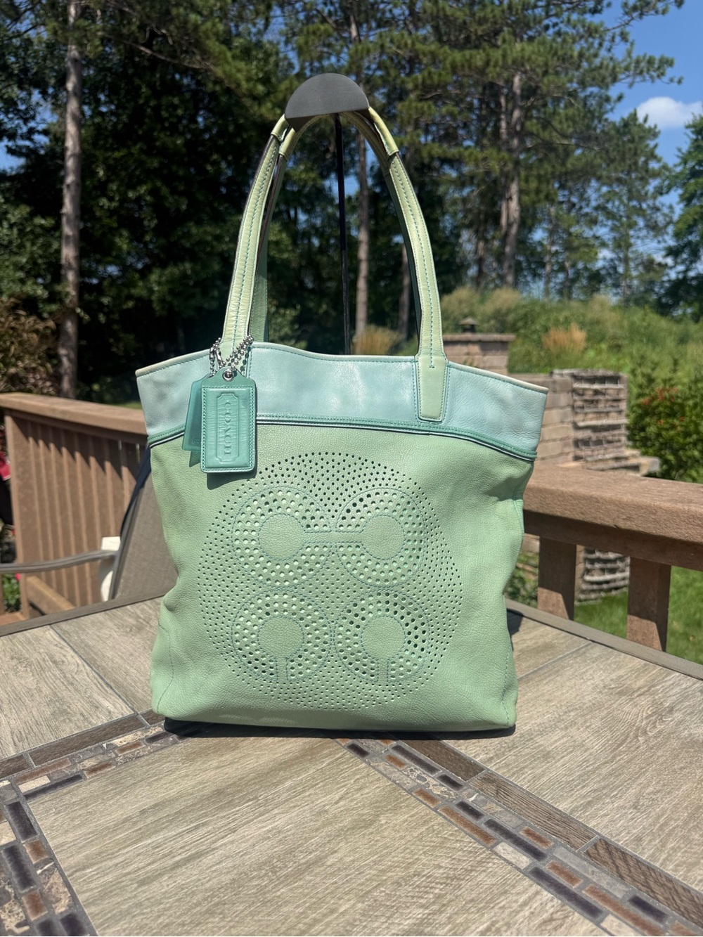 Coach Mint Green Perforated Leather Tote Bag